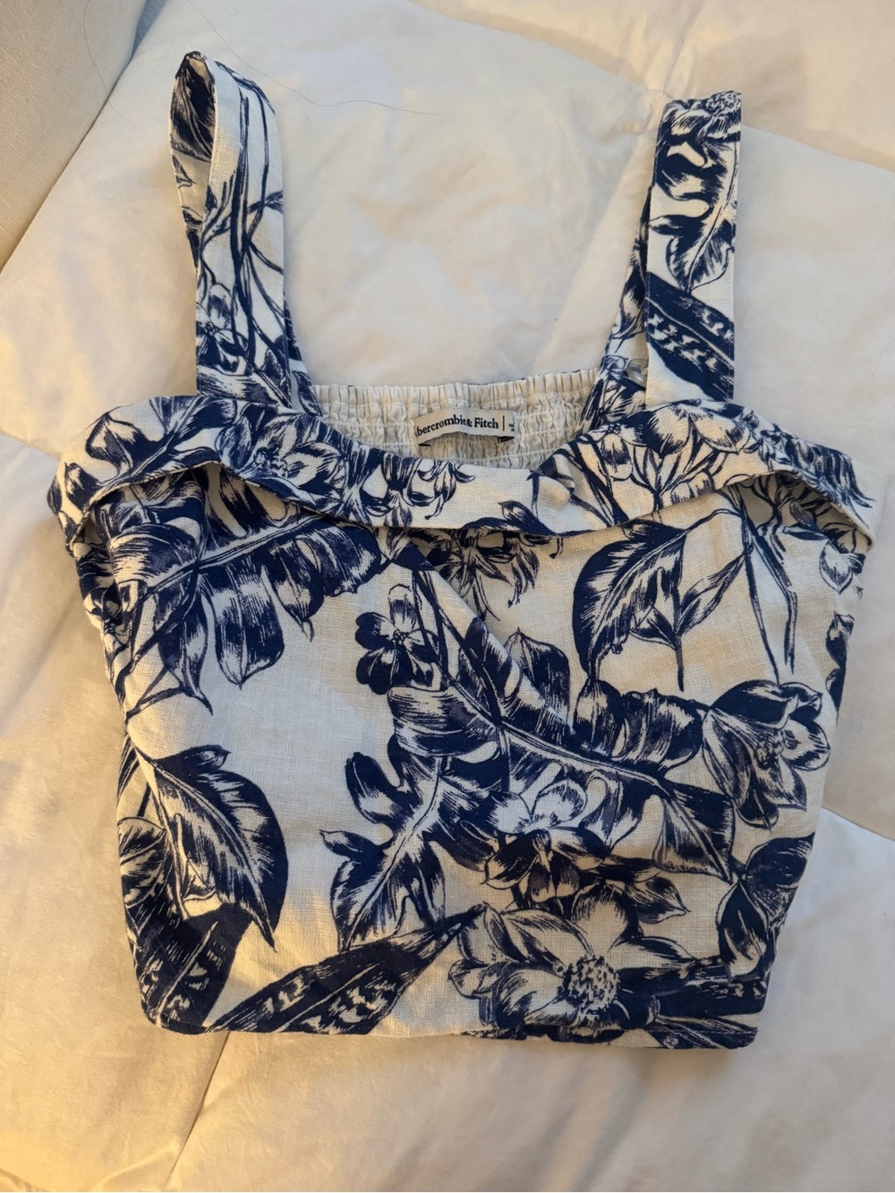 Abercrombie & Fitch Navy Floral Linen-Blend Square Neck Crop Top